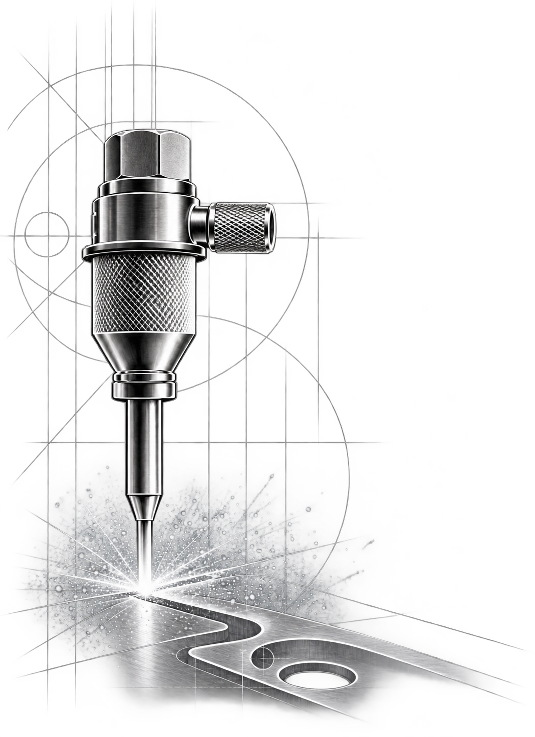 Wasserstrahl-Schneidkopf beim präzisen Schneiden einer Metallkontur, überlagert mit technischen Konstruktionslinien.